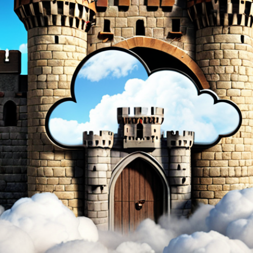 Home 11 ** Medieval castle with modern cloud security elements (firewall, encryption icons) superimposed on the castle walls. Emphasize the contrast between old and new security.
**