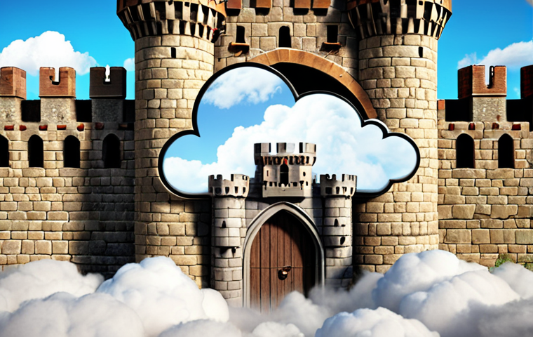 ** Medieval castle with modern cloud security elements (firewall, encryption icons) superimposed on the castle walls. Emphasize the contrast between old and new security.

**