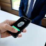 A focused business professional in a modest business suit, gently touching a smartphone screen with their thumb for a biometric fingerprint scan. The smartphone screen displays a secure login confirmation, with subtle, glowing interface elements. The individual is sitting at a sleek, minimalist desk in a bright, modern open-plan office. fully clothed, appropriate attire, safe for work, perfect anatomy, correct proportions, natural pose, well-formed hands, proper finger count, professional photography, high quality, professional, modest, family-friendly.