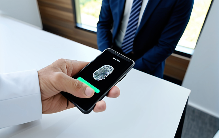 A focused business professional in a modest business suit, gently touching a smartphone screen with their thumb for a biometric fingerprint scan. The smartphone screen displays a secure login confirmation, with subtle, glowing interface elements. The individual is sitting at a sleek, minimalist desk in a bright, modern open-plan office. fully clothed, appropriate attire, safe for work, perfect anatomy, correct proportions, natural pose, well-formed hands, proper finger count, professional photography, high quality, professional, modest, family-friendly.