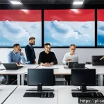Home 23 클라우드 보안 아키텍처에 대한 최신 트렌드 - A modern office environment in Poland featuring a diverse team of IT professionals collaborating on ...