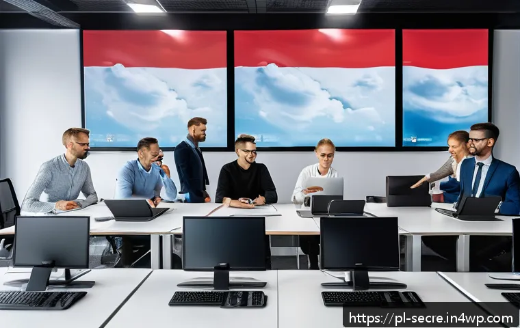 클라우드 보안 아키텍처에 대한 최신 트렌드 - A modern office environment in Poland featuring a diverse team of IT professionals collaborating on ...